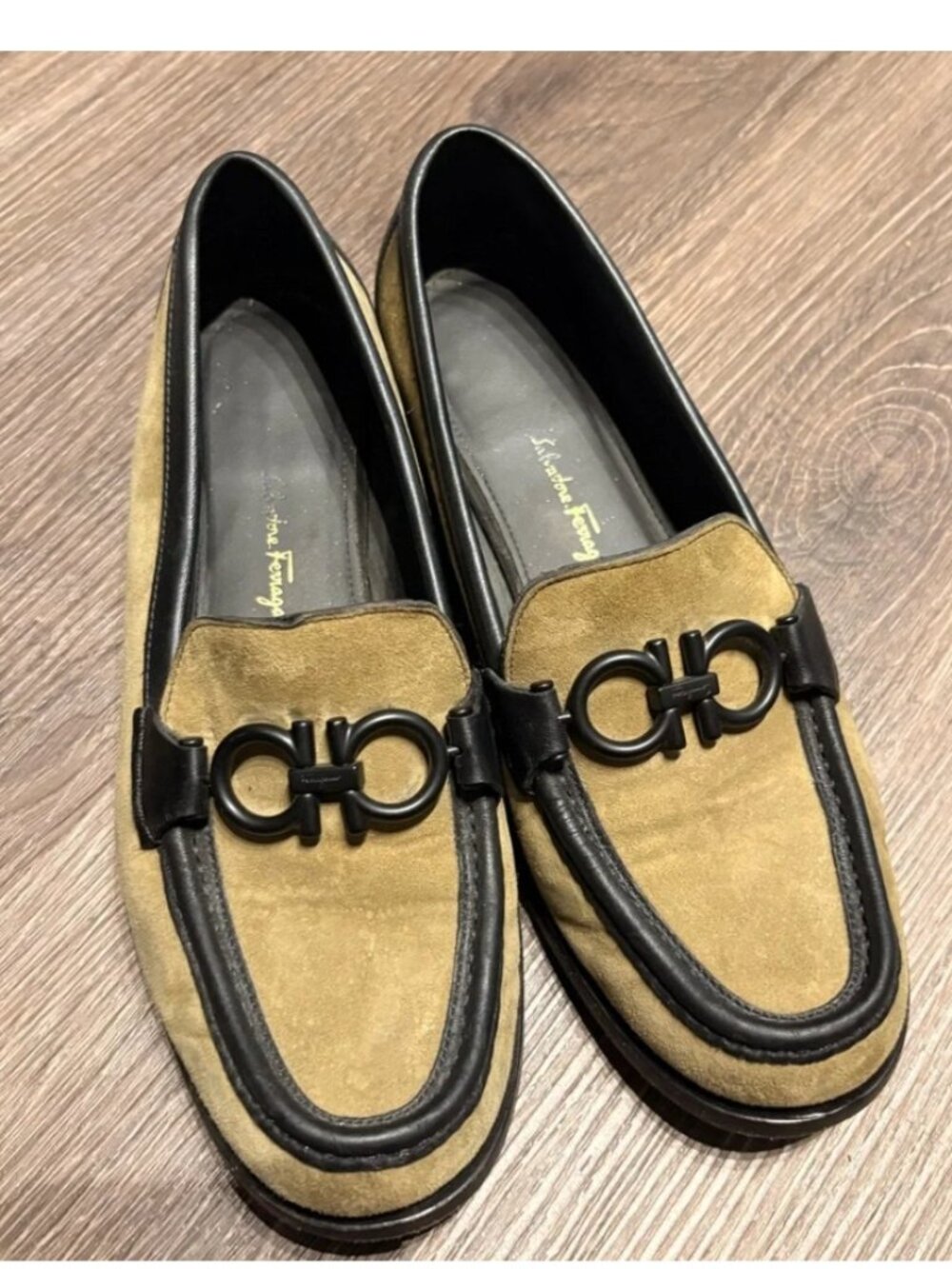 Woman Ferragamo Tan/Green and Black Loafers